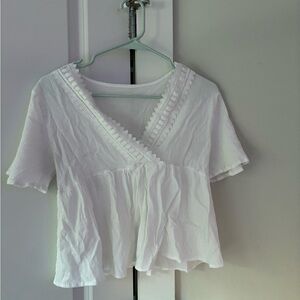 White Lace Trim V-Neck Women's Top